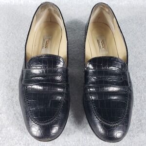 Talbots‎ Black Croc Embossed Leather Loafers Women's Size 9 M Stacked Heel Flats